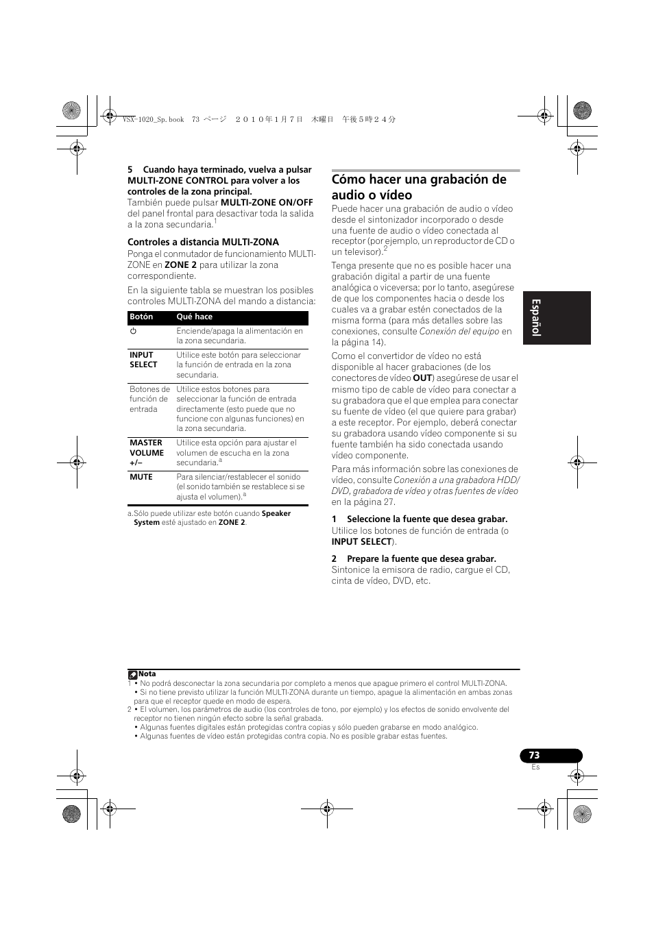 Controles a distancia multi-zona, Cómo hacer una grabación de audio o vídeo, 1 seleccione la fuente que desea grabar | 2 prepare la fuente que desea grabar, English español | Pioneer VSX-1020 User Manual | Page 201 / 260