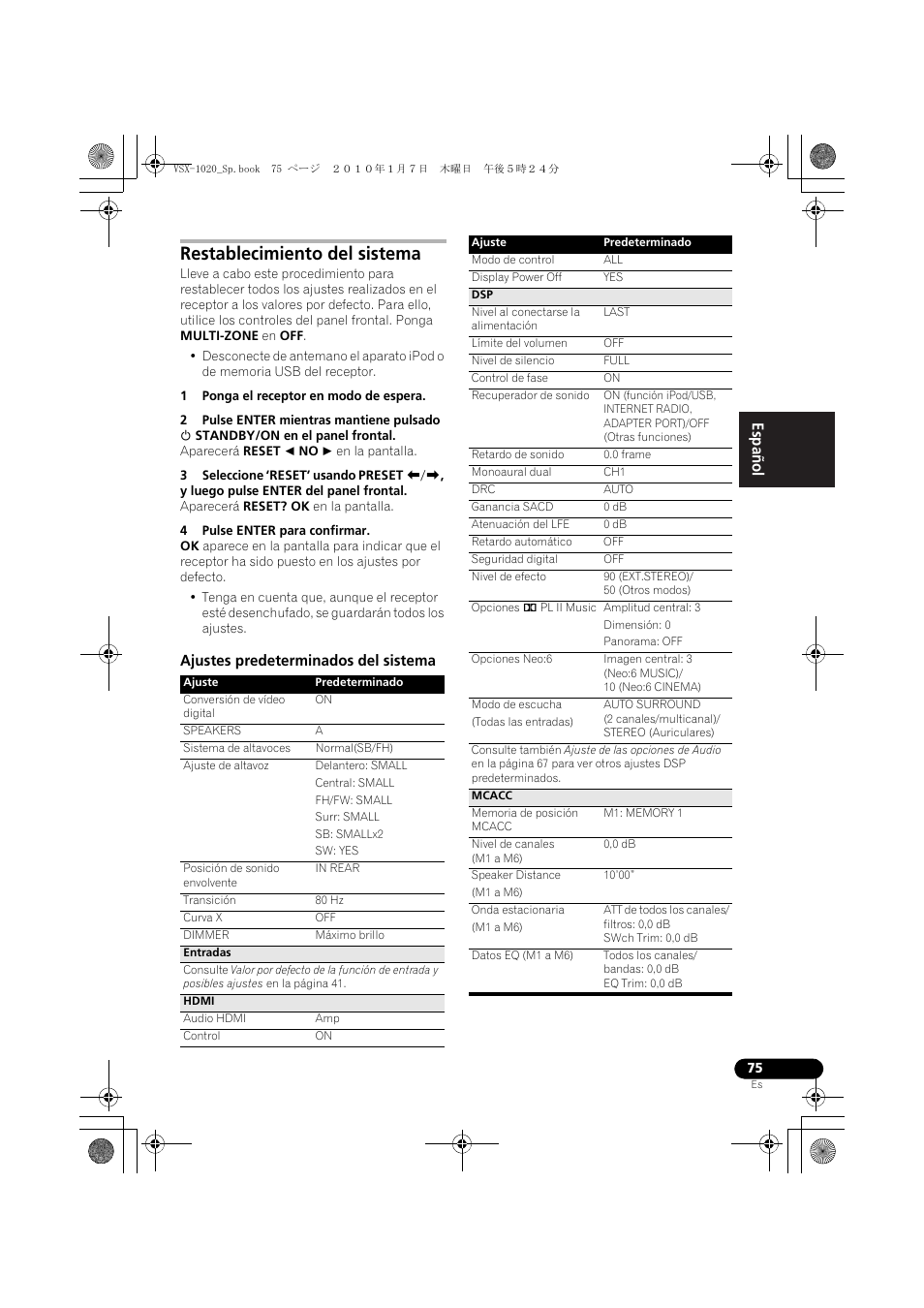 Restablecimiento del sistema, 1 ponga el receptor en modo de espera, 4 pulse enter para confirmar | Ajustes predeterminados del sistema, English español | Pioneer VSX-1020 User Manual | Page 203 / 260