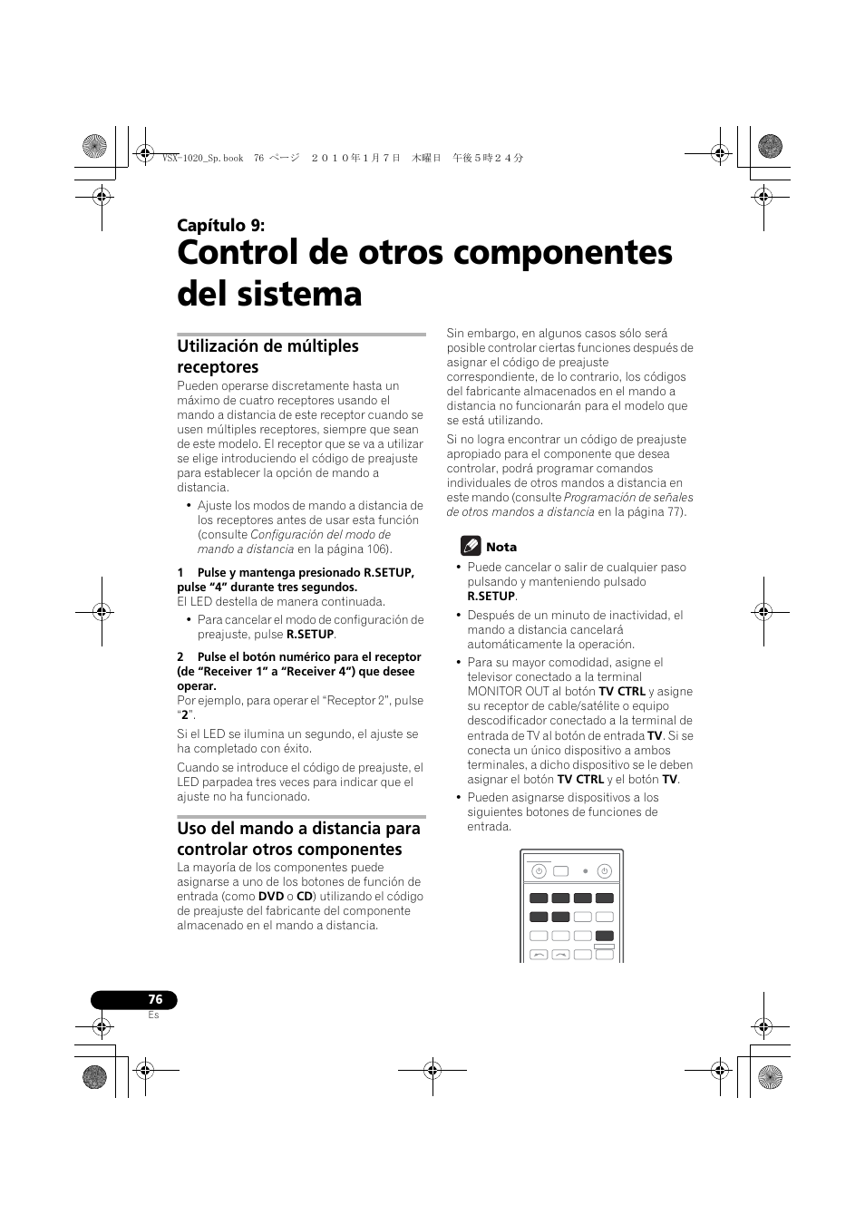 Control de otros componentes del sistema, Utilización de múltiples receptores, Nota | 09 control de otros componentes del sistema, Capítulo 9 | Pioneer VSX-1020 User Manual | Page 204 / 260