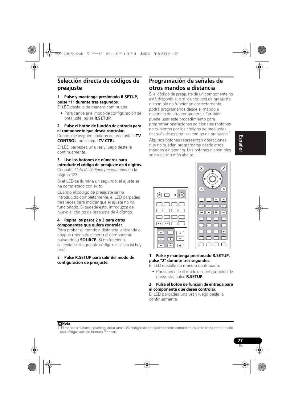 Selección directa de códigos de preajuste, English español | Pioneer VSX-1020 User Manual | Page 205 / 260