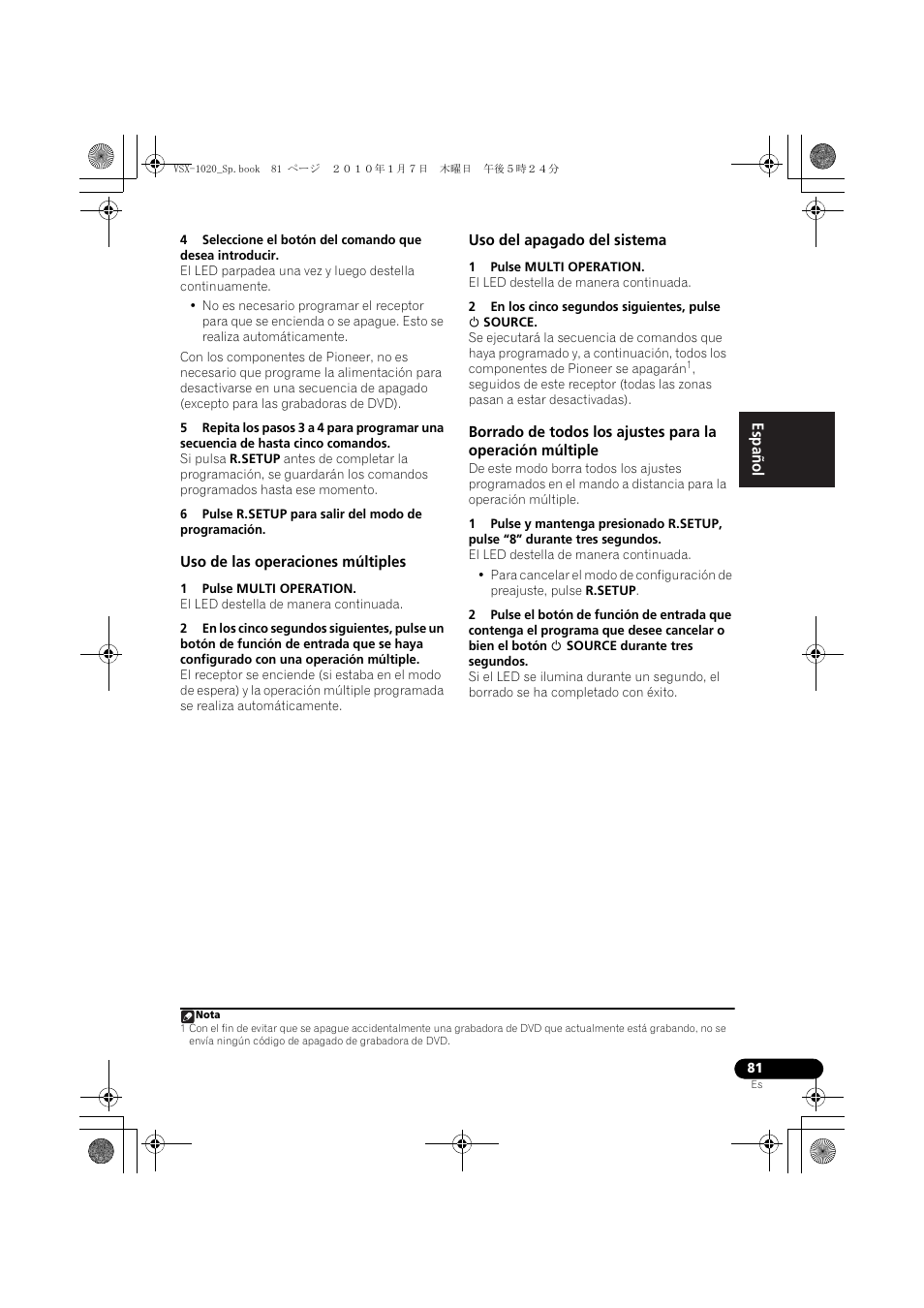 Uso de las operaciones múltiples, 1 pulse multi operation, Uso del apagado del sistema | 2 en los cinco segundos siguientes, pulse u source | Pioneer VSX-1020 User Manual | Page 209 / 260