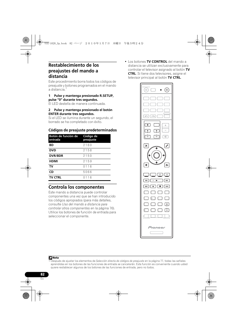 Códigos de preajuste predeterminados, Controla los componentes | Pioneer VSX-1020 User Manual | Page 210 / 260