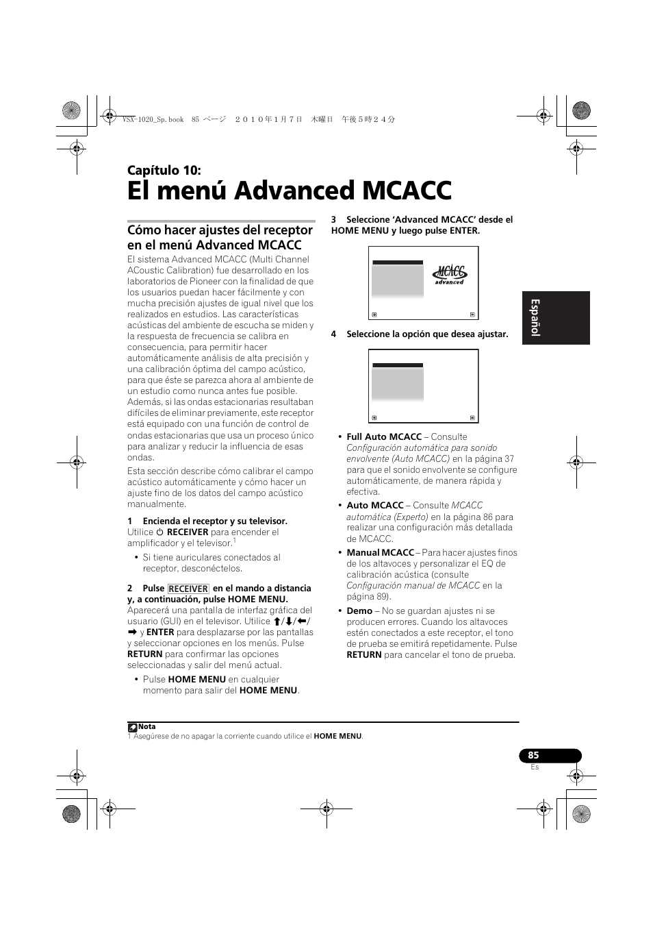 El menú advanced mcacc, 1 encienda el receptor y su televisor, 4 seleccione la opción que desea ajustar | 10 el menú advanced mcacc, Capítulo 10, English español | Pioneer VSX-1020 User Manual | Page 213 / 260