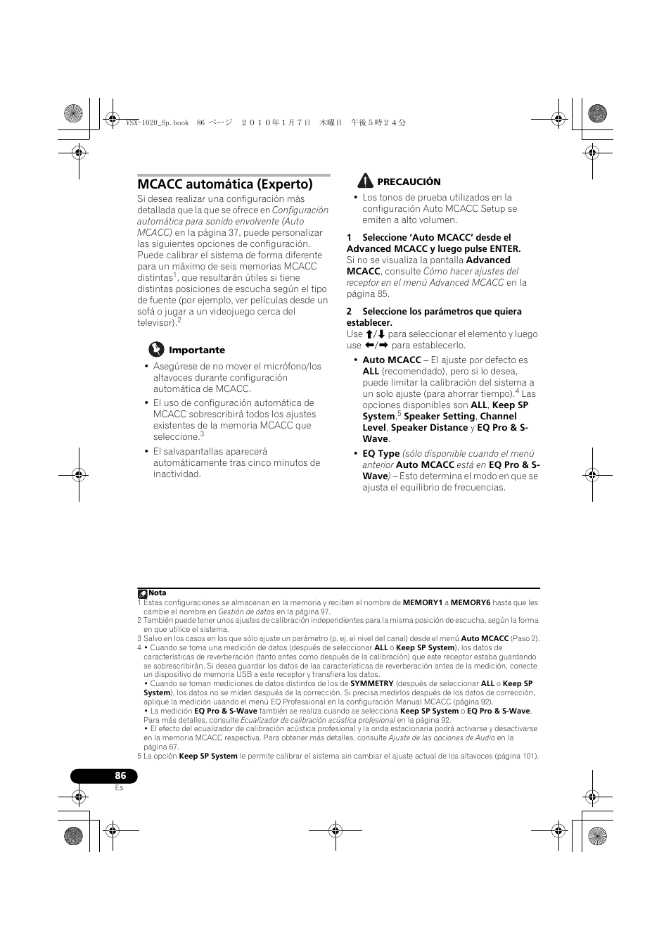 Mcacc automática (experto), Importante, Precaución | 2 seleccione los parámetros que quiera establecer | Pioneer VSX-1020 User Manual | Page 214 / 260