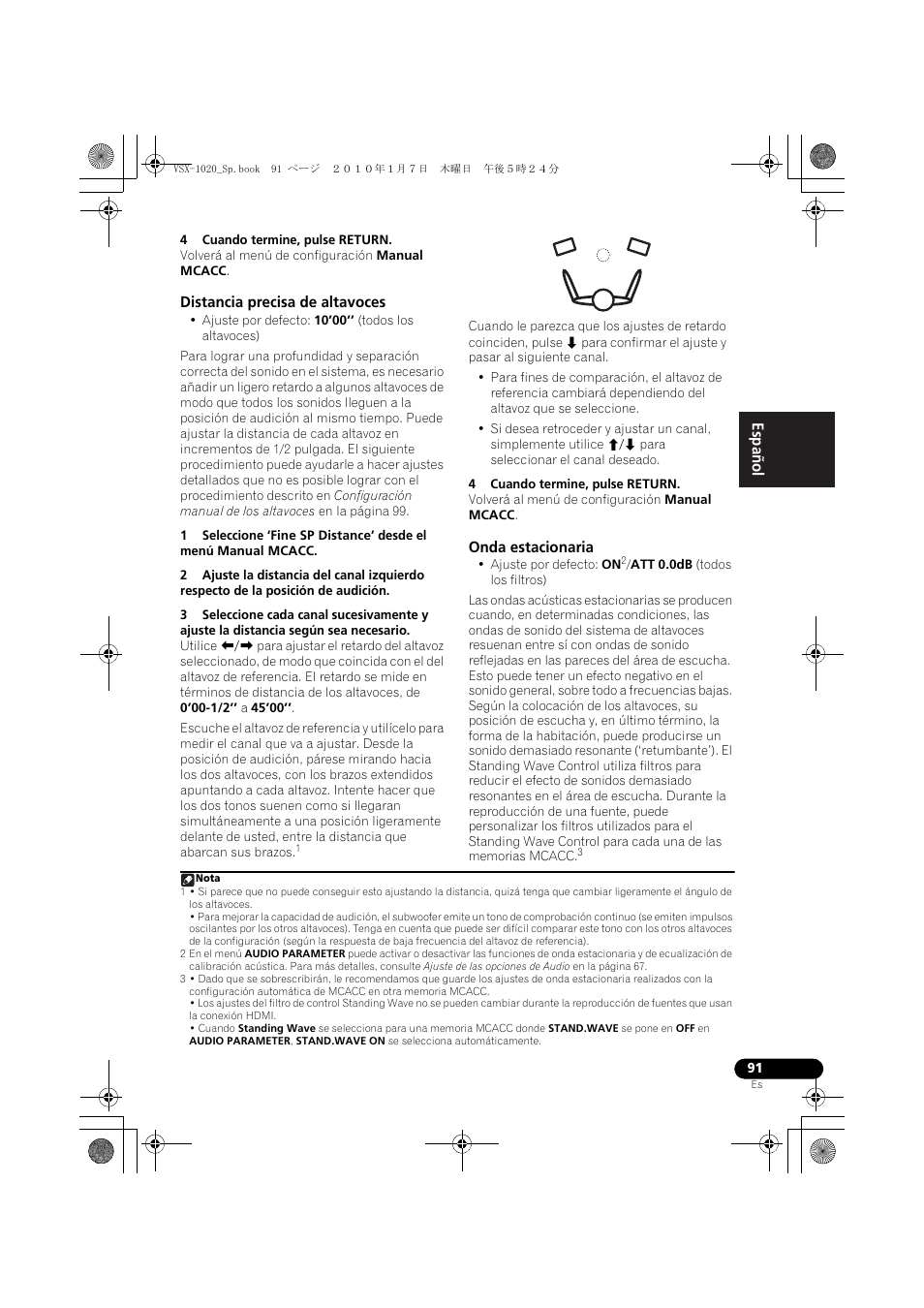 4 cuando termine, pulse return, Distancia precisa de altavoces, Onda estacionaria | Pioneer VSX-1020 User Manual | Page 219 / 260