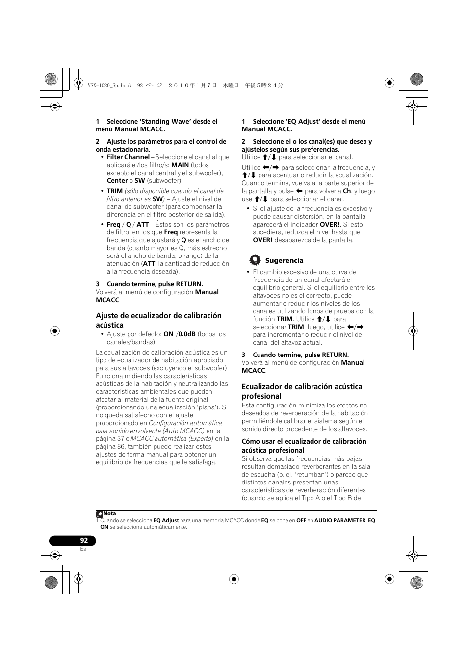 3 cuando termine, pulse return, Ajuste de ecualizador de calibración acústica, Sugerencia | Ecualizador de calibración acústica profesional | Pioneer VSX-1020 User Manual | Page 220 / 260