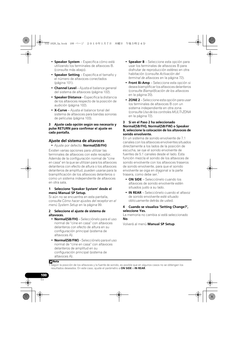 Ajuste del sistema de altavoces, 2 seleccione el ajuste de sistema de altavoces | Pioneer VSX-1020 User Manual | Page 228 / 260