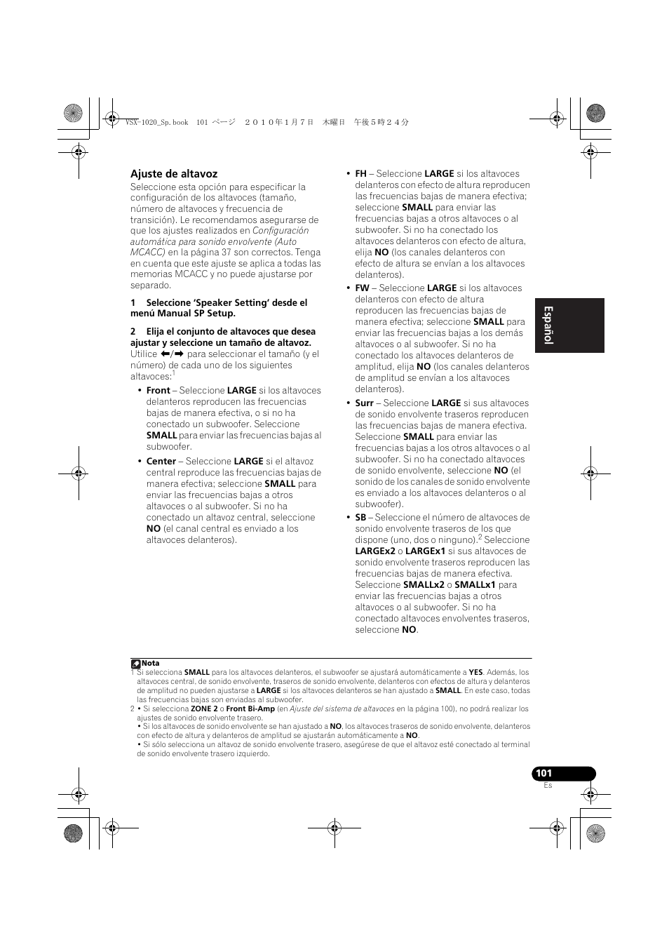 Ajuste de altavoz | Pioneer VSX-1020 User Manual | Page 229 / 260