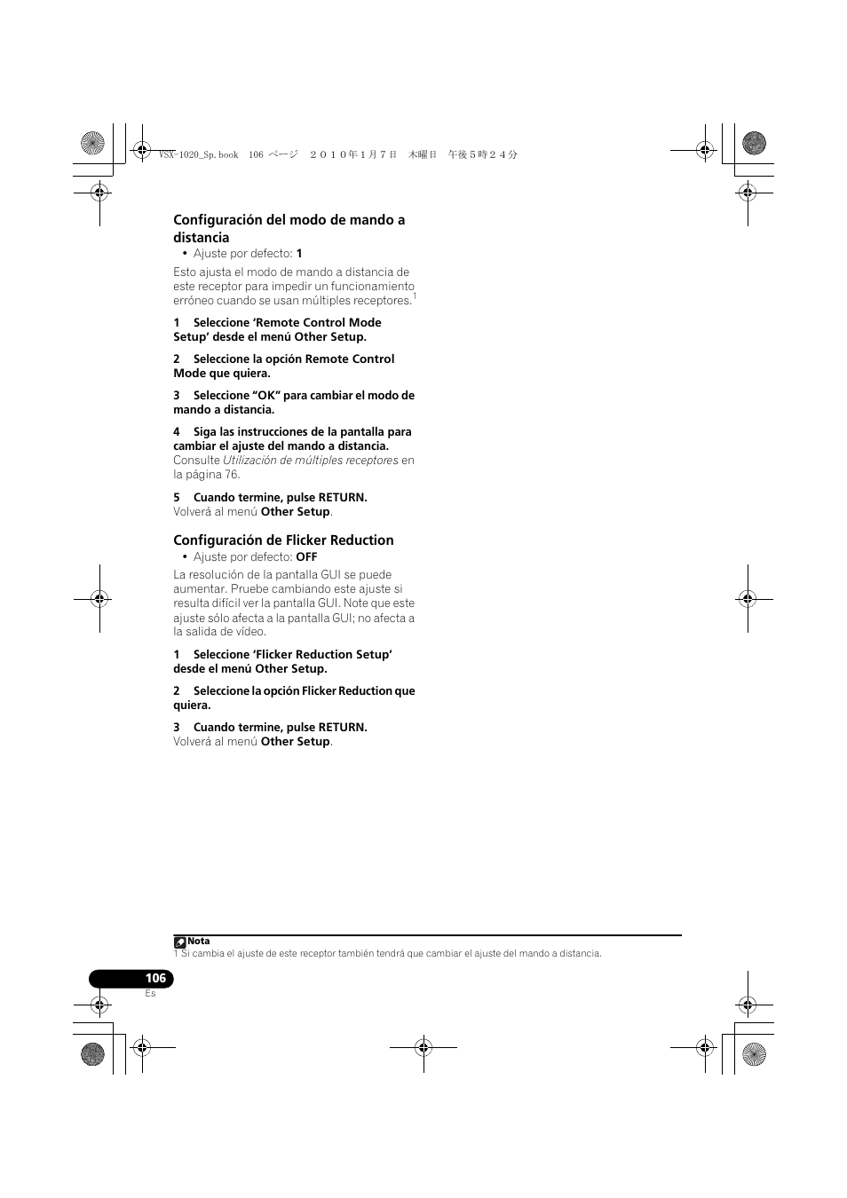 Configuración del modo de mando a distancia, 5 cuando termine, pulse return, Configuración de flicker reduction | 3 cuando termine, pulse return | Pioneer VSX-1020 User Manual | Page 234 / 260