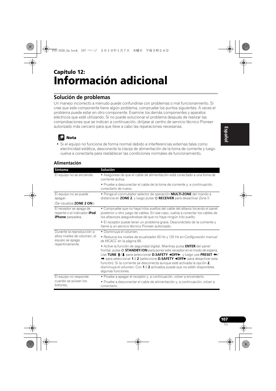 Información adicional, Solución de problemas, Nota | Alimentación, 12 información adicional, Capítulo 12 | Pioneer VSX-1020 User Manual | Page 235 / 260