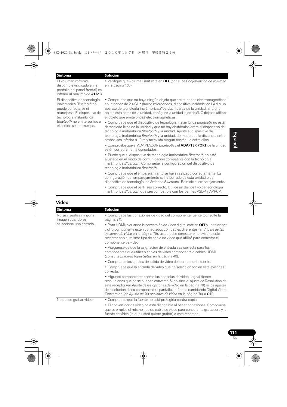 Video, English español | Pioneer VSX-1020 User Manual | Page 239 / 260