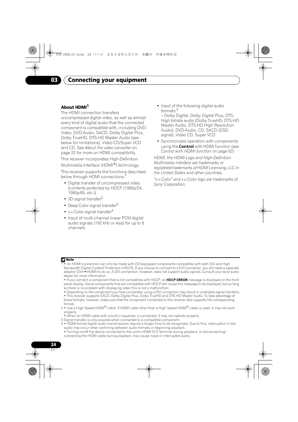 About hdmi, Connecting your equipment 03 | Pioneer VSX-1020 User Manual | Page 24 / 260