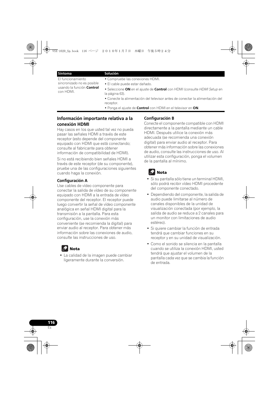 Información importante relativa a la conexión hdmi, Configuración a, Nota | Configuración b | Pioneer VSX-1020 User Manual | Page 244 / 260