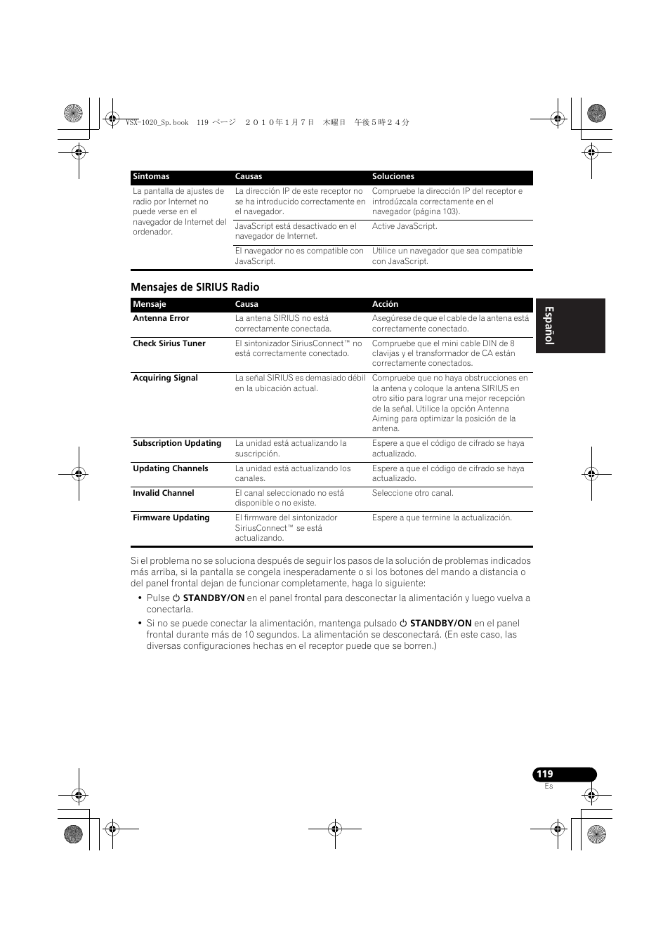 Mensajes de sirius radio, English español | Pioneer VSX-1020 User Manual | Page 247 / 260