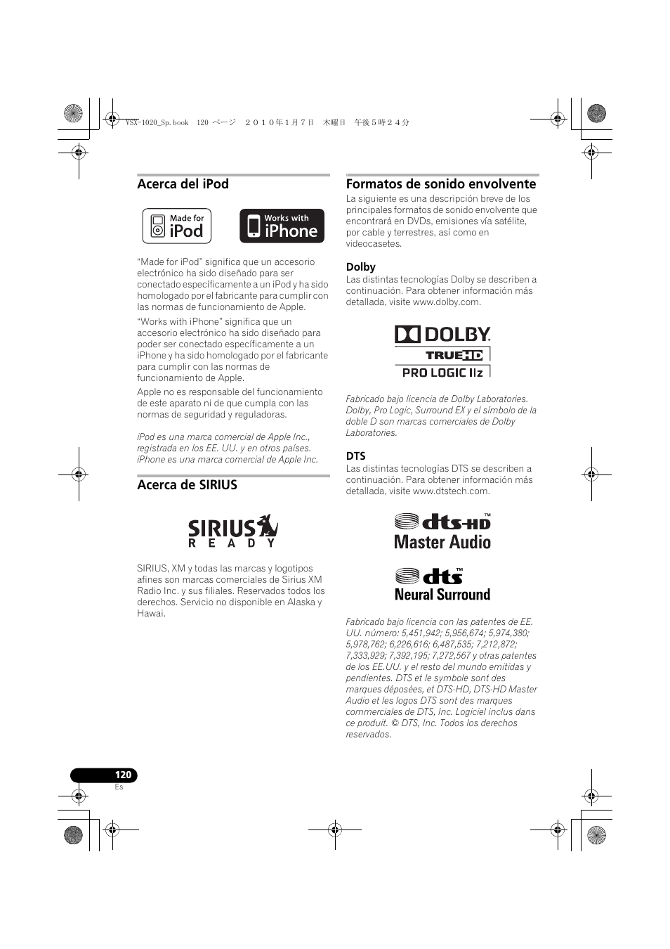 Acerca del ipod, Acerca de sirius, Formatos de sonido envolvente | Dolby | Pioneer VSX-1020 User Manual | Page 248 / 260