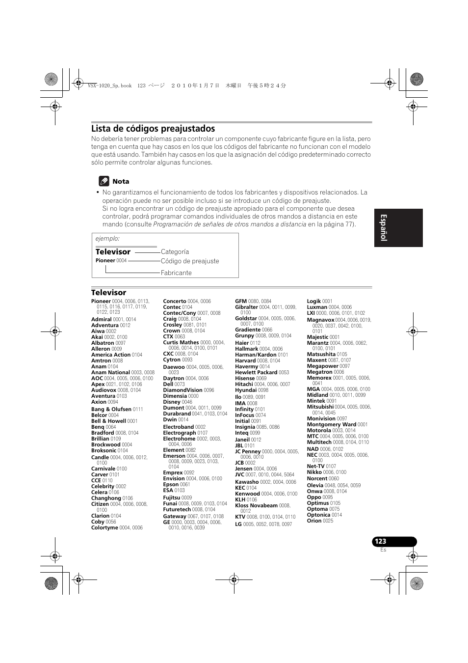 Lista de códigos preajustados, Nota, Televisor | English español | Pioneer VSX-1020 User Manual | Page 251 / 260
