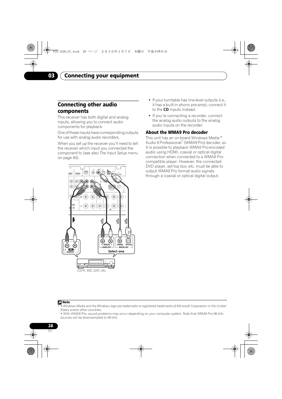 Connecting other audio components, About the wma9 pro decoder, Connecting your equipment 03 | Pioneer VSX-1020 User Manual | Page 28 / 260