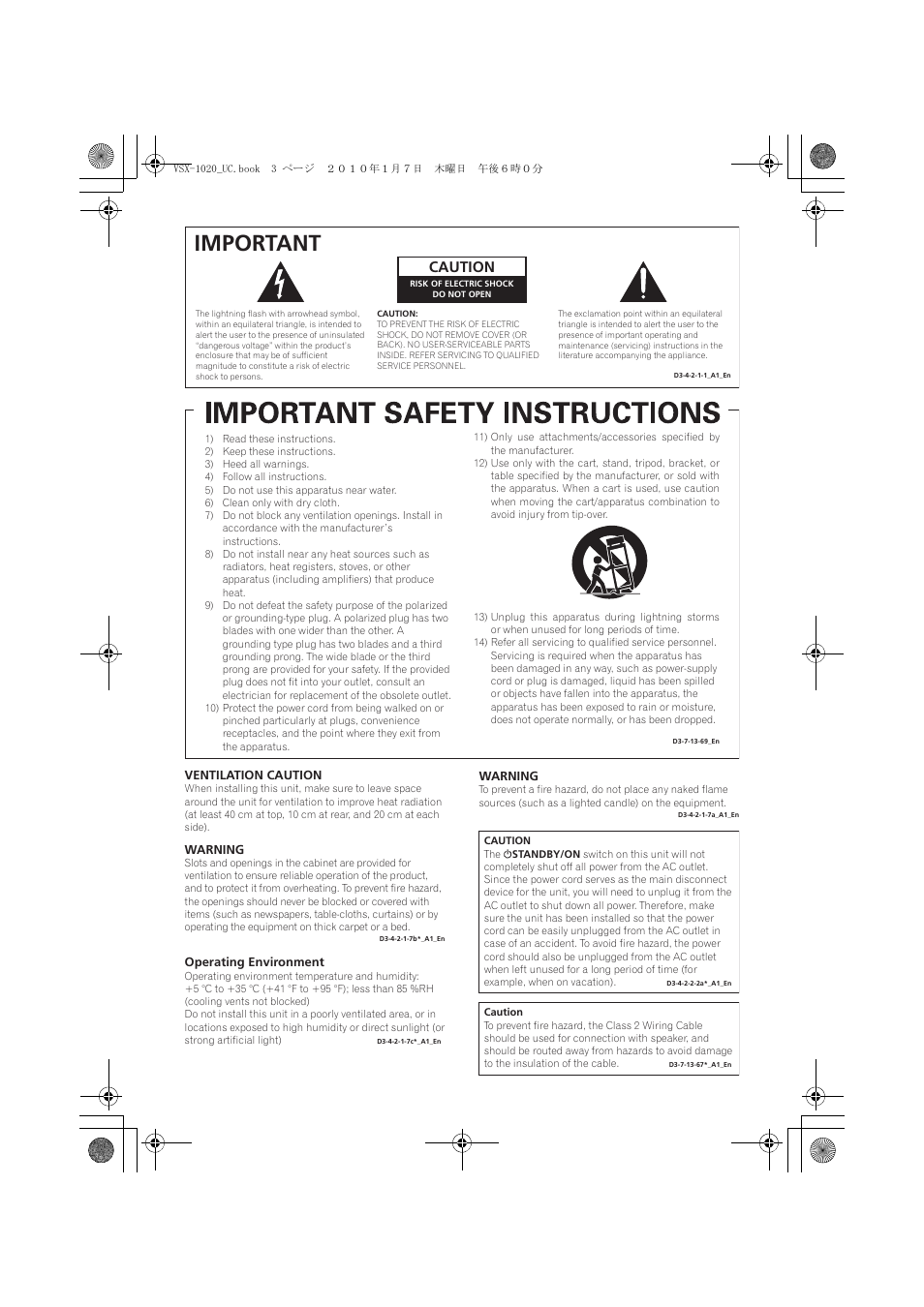 Important, Caution | Pioneer VSX-1020 User Manual | Page 3 / 260