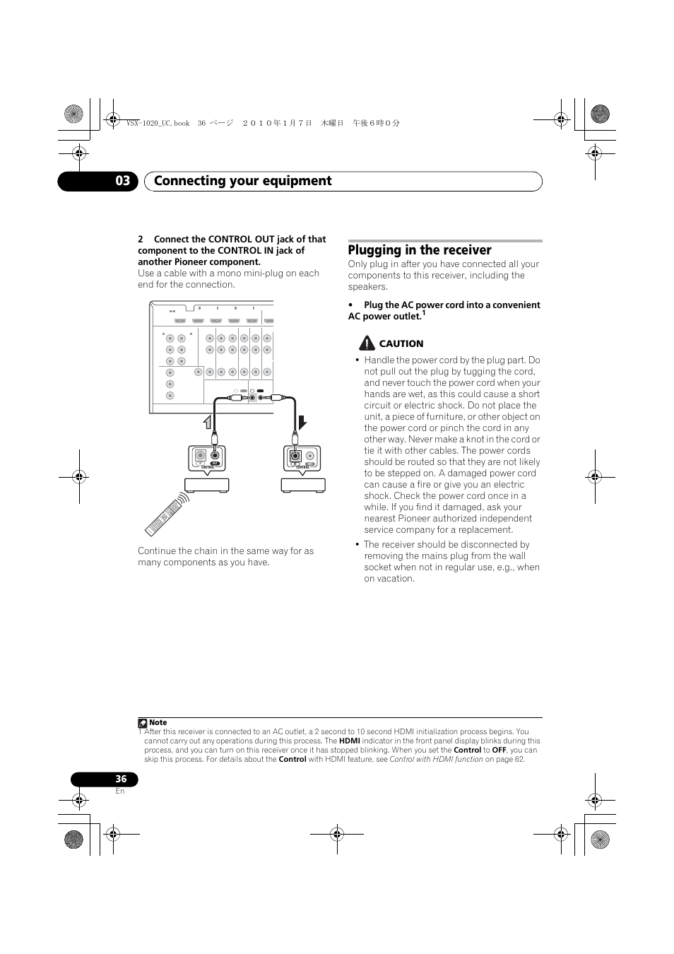 Plugging in the receiver, Caution, Connecting your equipment 03 | Pioneer VSX-1020 User Manual | Page 36 / 260