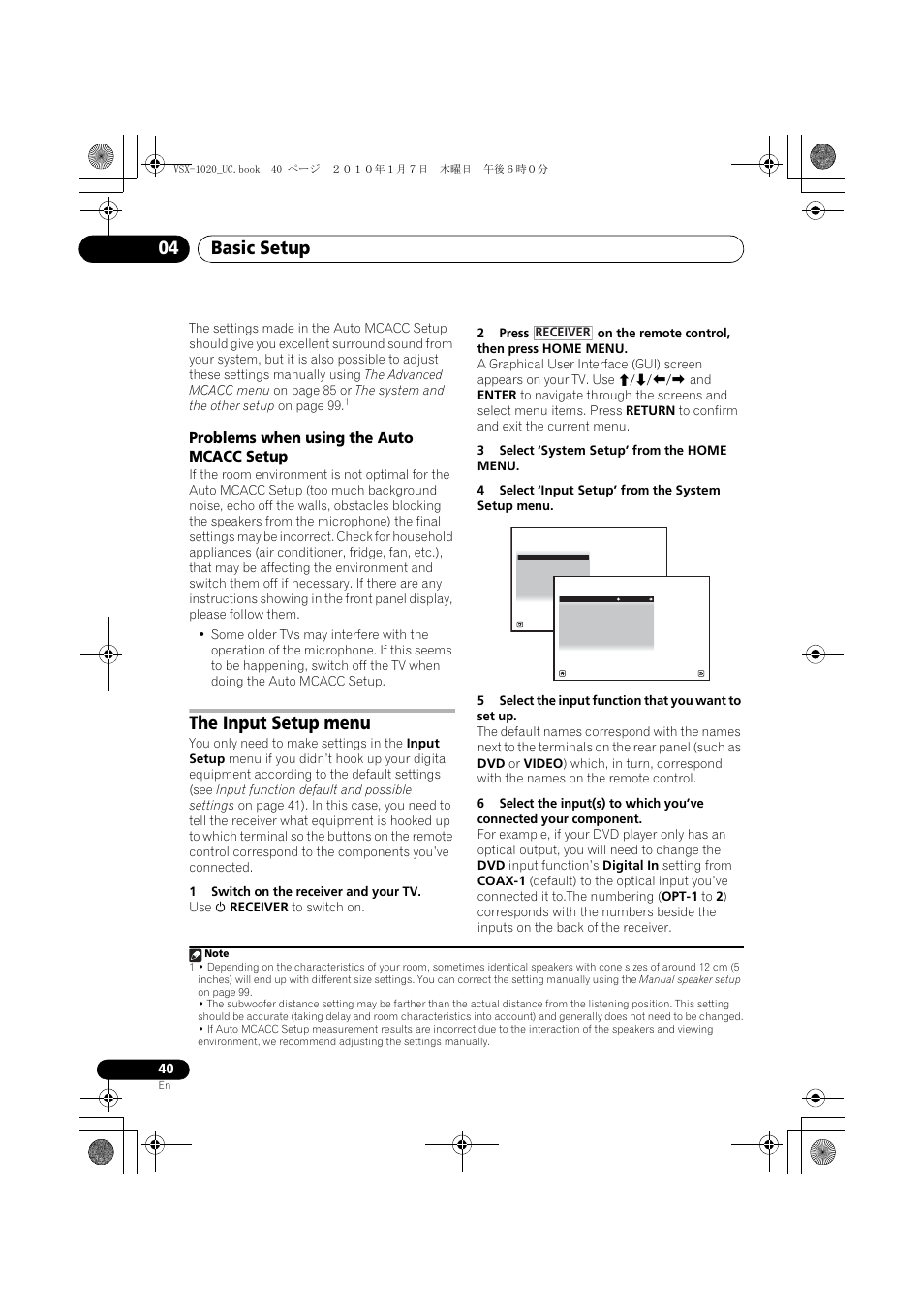 Problems when using the auto mcacc setup, The input setup menu, 1 switch on the receiver and your tv | 3 select ‘system setup’ from the home menu, 4 select ‘input setup’ from the system setup menu, Basic setup 04 | Pioneer VSX-1020 User Manual | Page 40 / 260