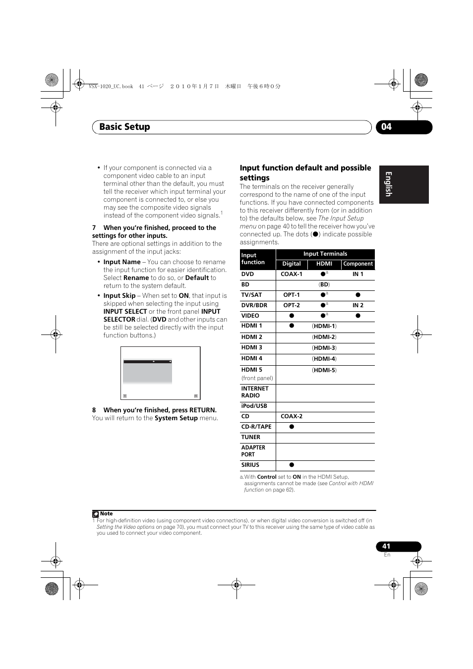 8 when you’re finished, press return, Input function default and possible settings, Basic setup 04 | Pioneer VSX-1020 User Manual | Page 41 / 260