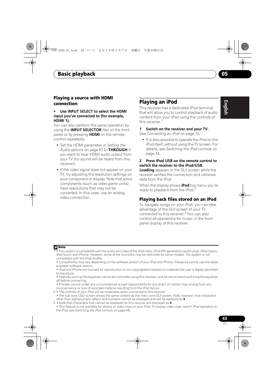 Playing a source with hdmi connection, Playing an ipod, 1 switch on the receiver and your tv | Playing back files stored on an ipod, Basic playback 05 | Pioneer VSX-1020 User Manual | Page 43 / 260