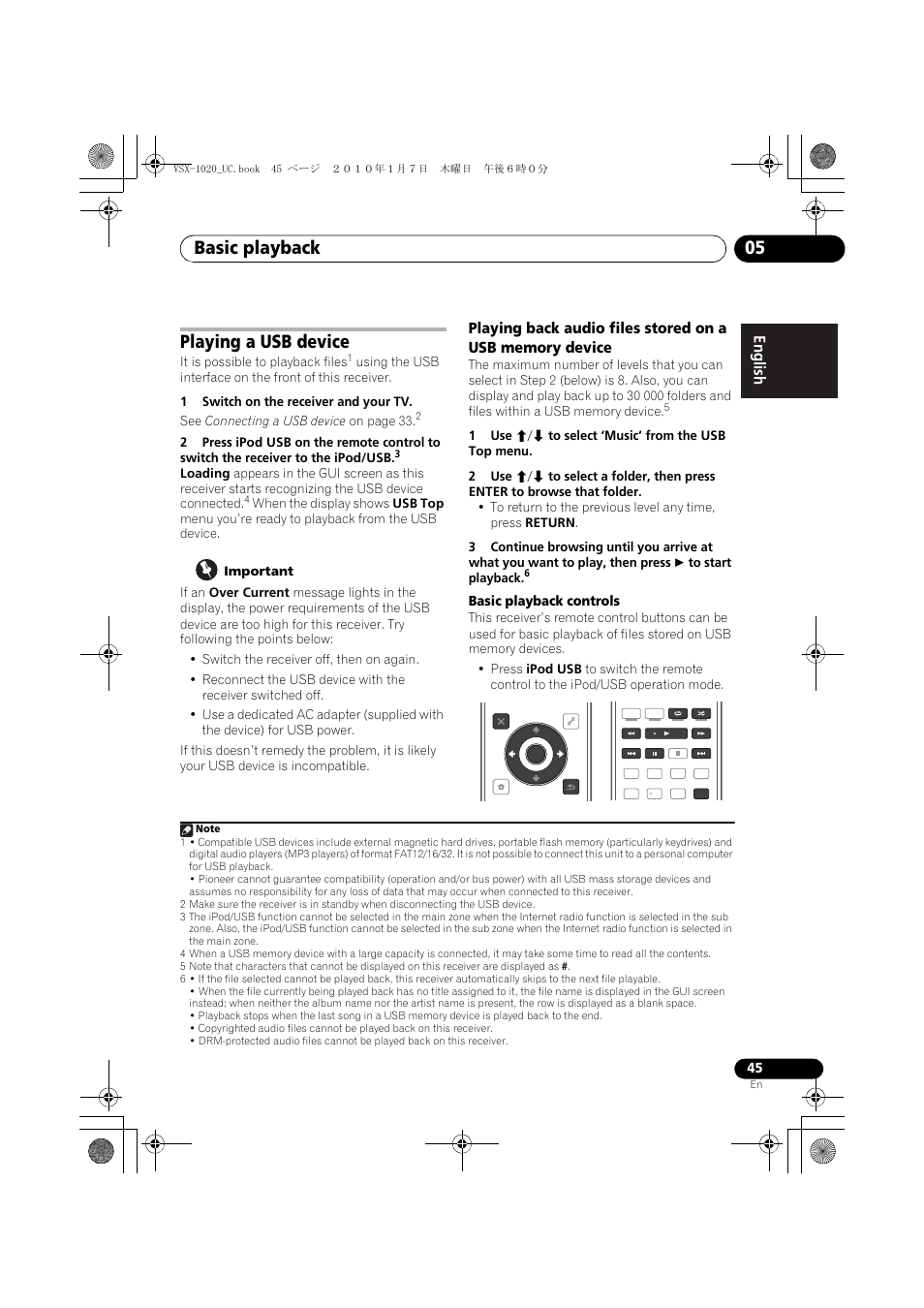 Playing a usb device, 1 switch on the receiver and your tv, Important | 1 use i/j to select ‘music’ from the usb top menu, Basic playback controls, Basic playback 05 | Pioneer VSX-1020 User Manual | Page 45 / 260