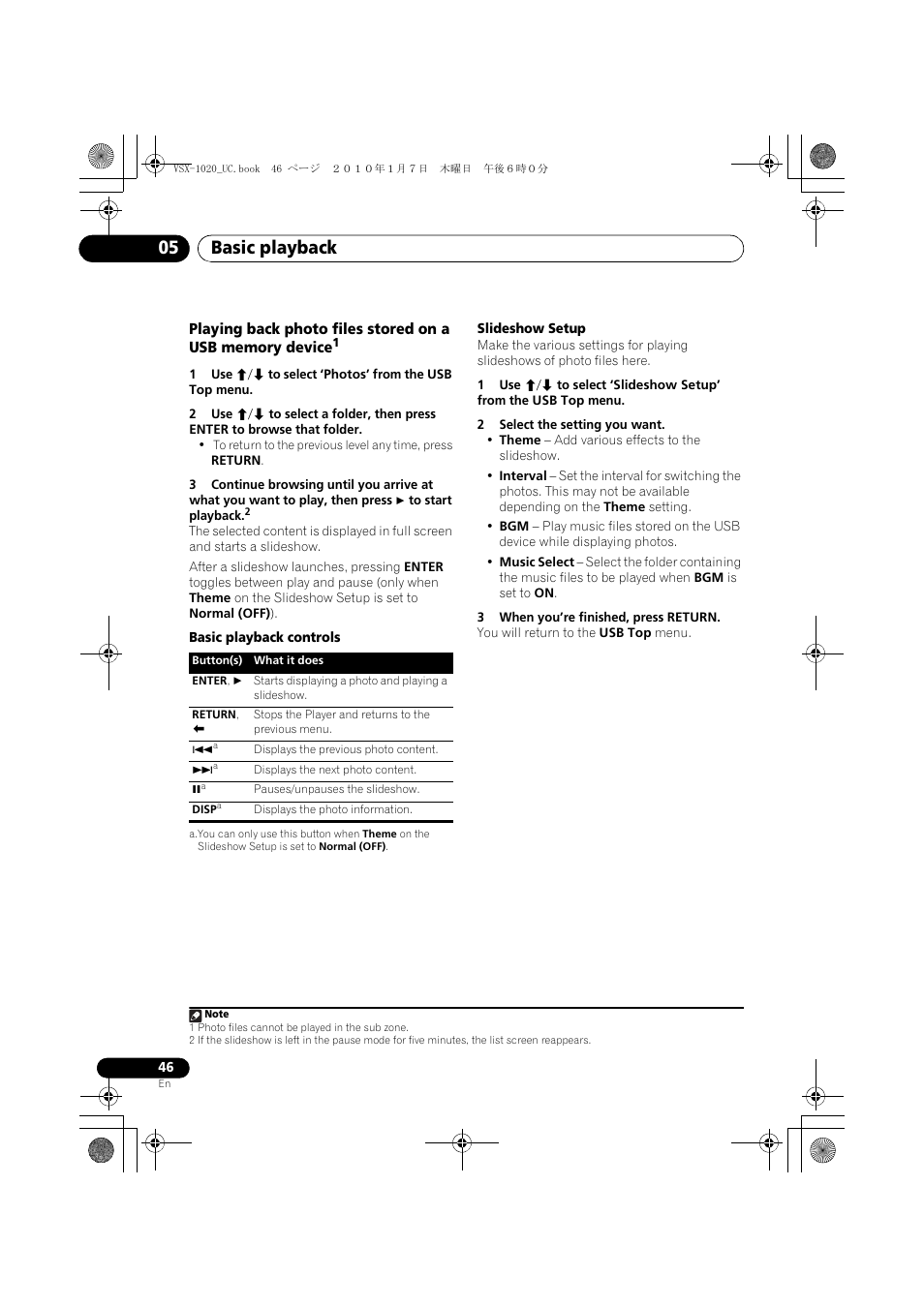 1 use i/j to select ‘photos’ from the usb top menu, Basic playback controls, Slideshow setup | 2 select the setting you want, 3 when you’re finished, press return, Basic playback 05 | Pioneer VSX-1020 User Manual | Page 46 / 260