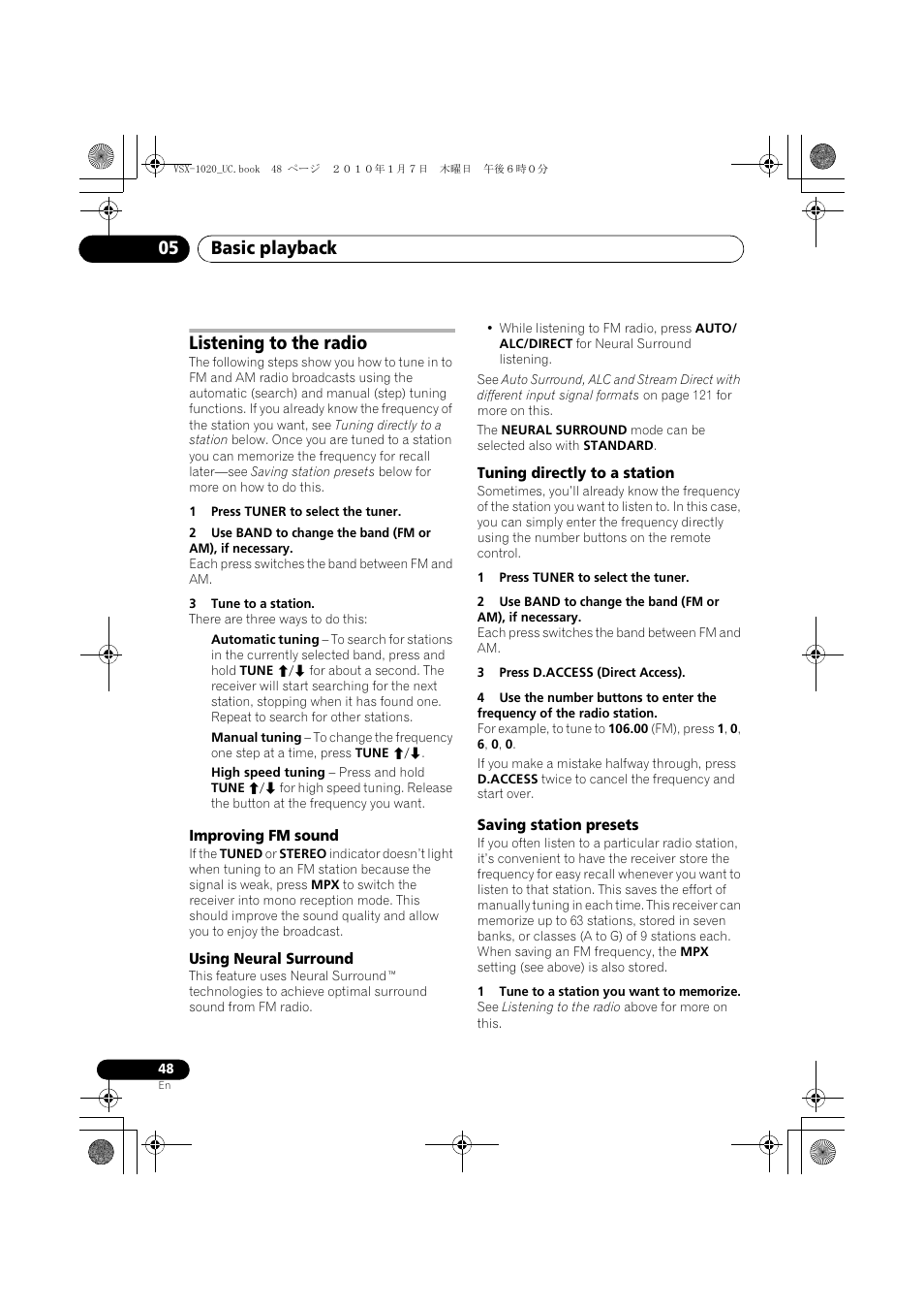 Listening to the radio, 1 press tuner to select the tuner, 3 tune to a station | Improving fm sound, Using neural surround, Tuning directly to a station, 3 press d.access (direct access), Saving station presets, 1 tune to a station you want to memorize, Basic playback 05 | Pioneer VSX-1020 User Manual | Page 48 / 260
