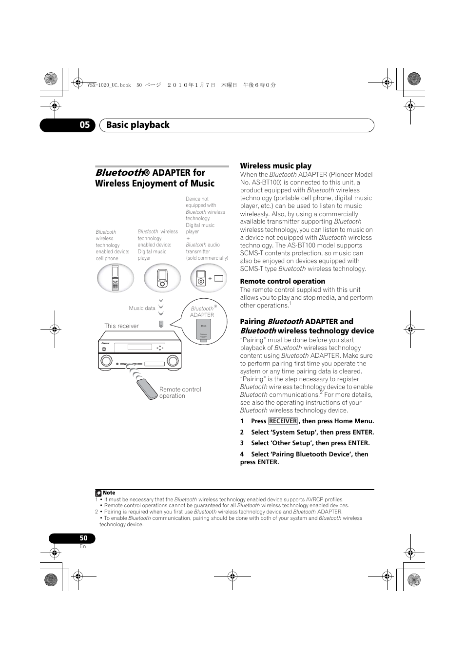Bluetooth® adapter for wireless enjoyment of music, Wireless music play, Remote control operation | 1 press , then press home menu, 2 select ‘system setup’, then press enter, 3 select ‘other setup’, then press enter, Bluetooth, Adapter for wireless, Enjoyment of music, Basic playback 05 | Pioneer VSX-1020 User Manual | Page 50 / 260