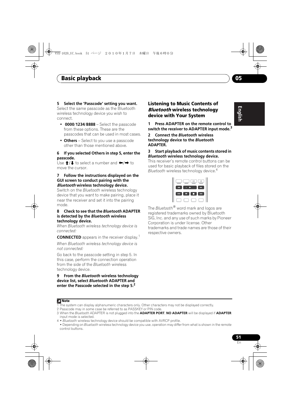 5 select the ‘passcode’ setting you want, Basic playback 05, Bluetooth | Pioneer VSX-1020 User Manual | Page 51 / 260