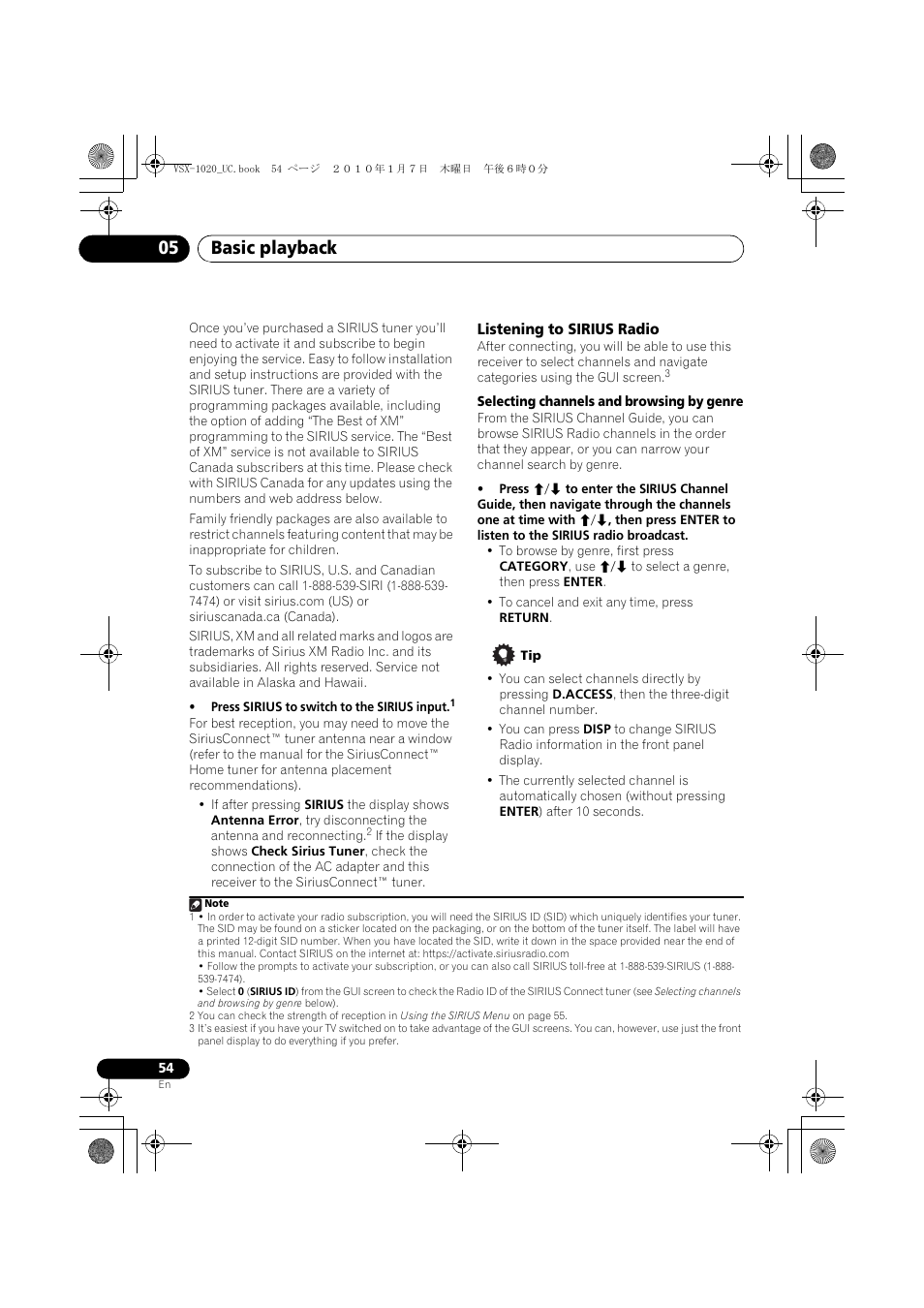 Press sirius to switch to the sirius input, Listening to sirius radio, Selecting channels and browsing by genre | Basic playback 05 | Pioneer VSX-1020 User Manual | Page 54 / 260