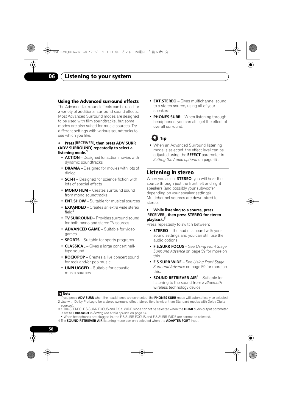 Using the advanced surround effects, Listening in stereo, Listening to your system 06 | Pioneer VSX-1020 User Manual | Page 58 / 260