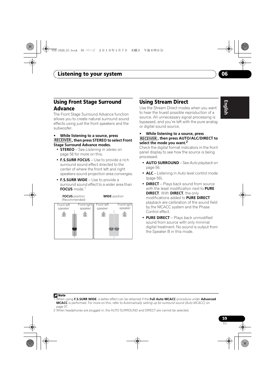 Using front stage surround advance, Using stream direct, Listening to your system 06 | Pioneer VSX-1020 User Manual | Page 59 / 260