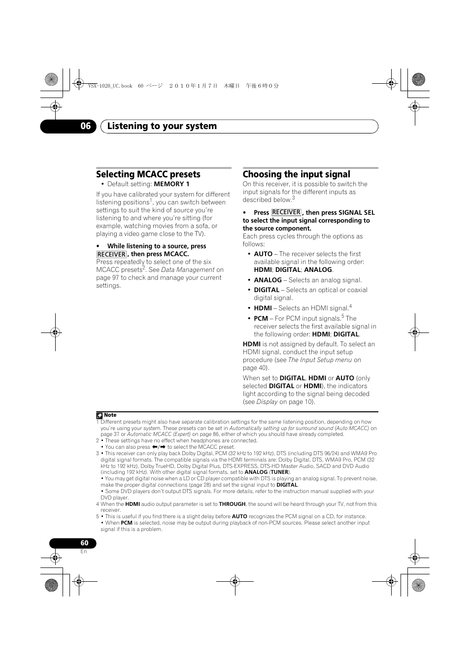 Selecting mcacc presets, Choosing the input signal, Listening to your system 06 | Pioneer VSX-1020 User Manual | Page 60 / 260