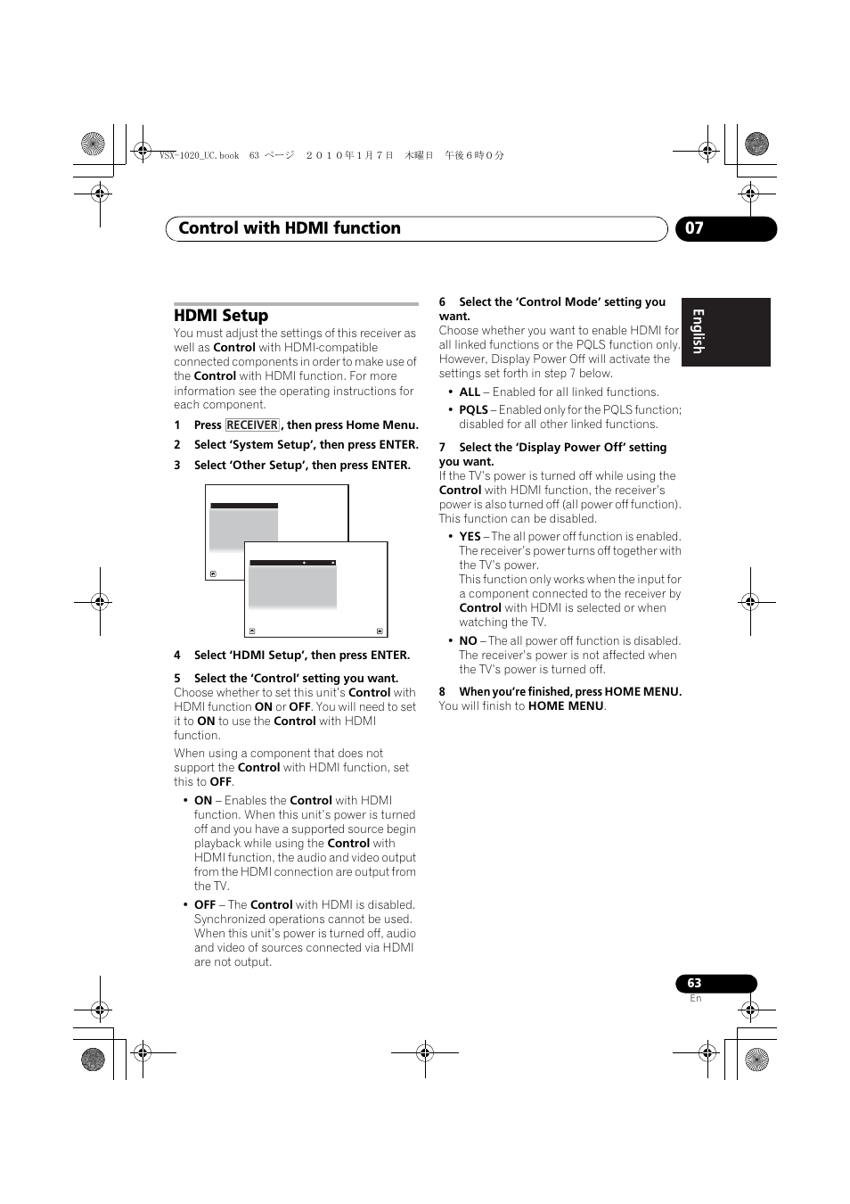 Hdmi setup, 1 press , then press home menu, 2 select ‘system setup’, then press enter | 3 select ‘other setup’, then press enter, 4 select ‘hdmi setup’, then press enter, 5 select the ‘control’ setting you want, 6 select the ‘control mode’ setting you want, 7 select the ‘display power off’ setting you want, 8 when you’re finished, press home menu, Control with hdmi function 07 | Pioneer VSX-1020 User Manual | Page 63 / 260