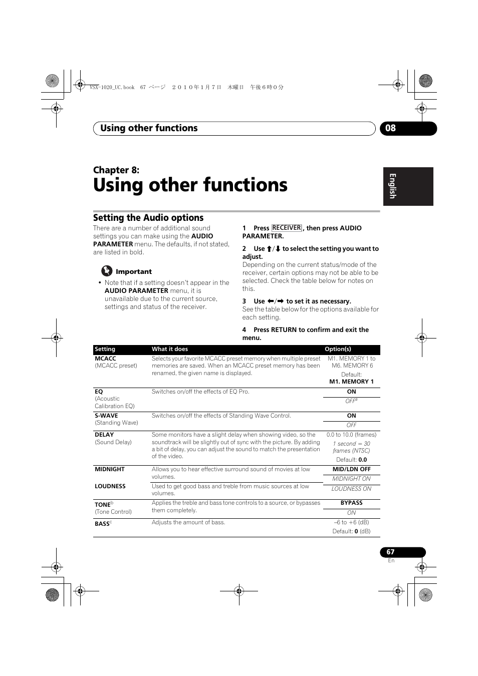 Using other functions, Setting the audio options, Important | 1 press , then press audio parameter, 2 use i/j to select the setting you want to adjust, 3 use k/l to set it as necessary, 4 press return to confirm and exit the menu, 08 using other functions, Using other functions 08, Chapter 8 | Pioneer VSX-1020 User Manual | Page 67 / 260