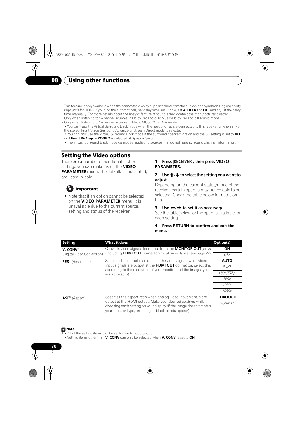 Setting the video options, Important, 1 press , then press video parameter | 2 use i/j to select the setting you want to adjust, 3 use k/l to set it as necessary, 4 press return to confirm and exit the menu, Using other functions 08 | Pioneer VSX-1020 User Manual | Page 70 / 260