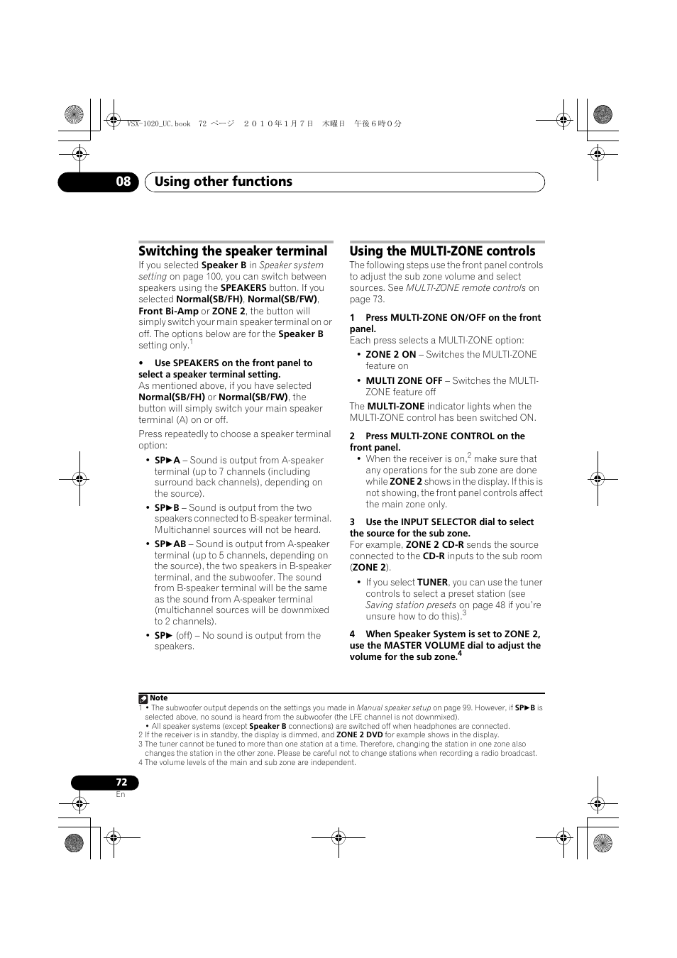 Switching the speaker terminal, Using the multi-zone controls, 1 press multi-zone on/off on the front panel | 2 press multi-zone control on the front panel, Using other functions 08 | Pioneer VSX-1020 User Manual | Page 72 / 260