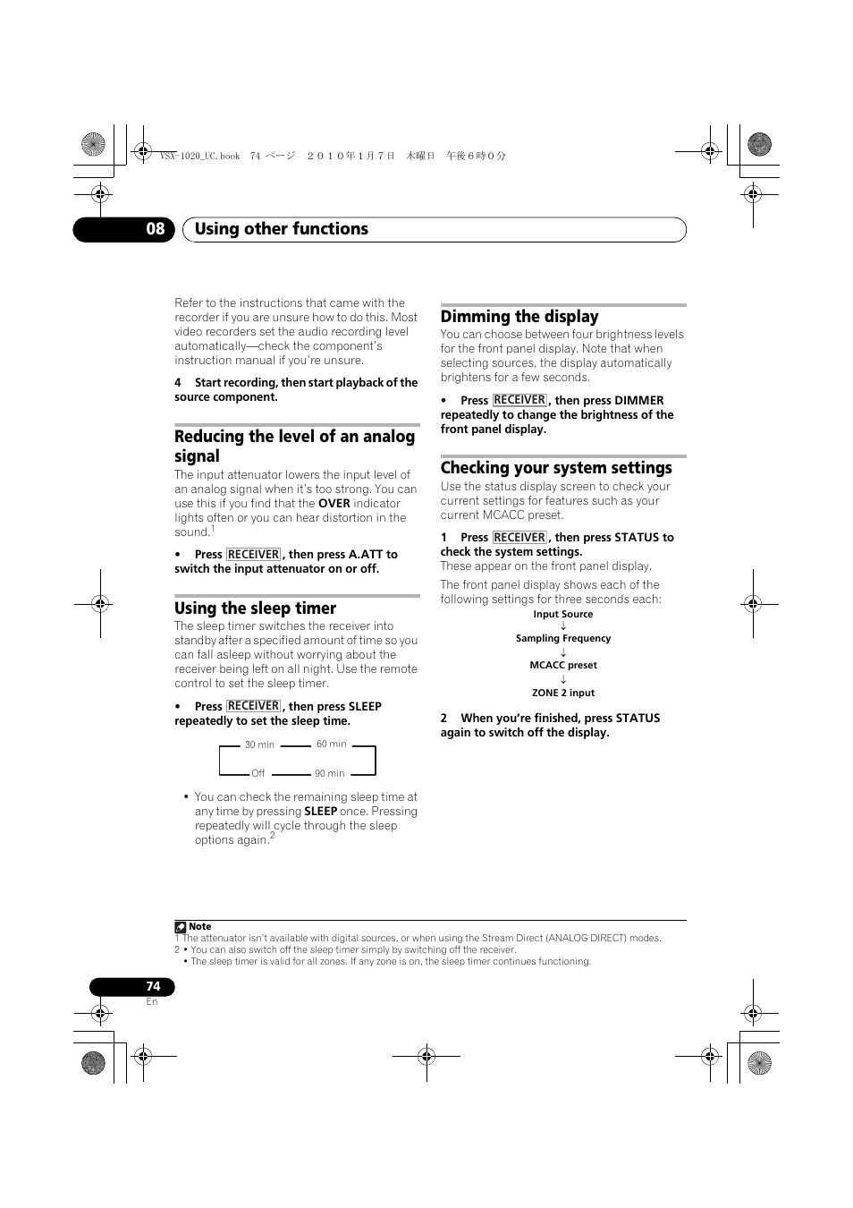 Reducing the level of an analog signal, Using the sleep timer, Dimming the display | Checking your system settings, Using other functions 08 | Pioneer VSX-1020 User Manual | Page 74 / 260