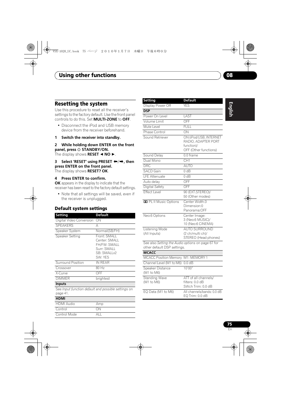 Resetting the system, 1 switch the receiver into standby, 4 press enter to confirm | Default system settings, Using other functions 08 | Pioneer VSX-1020 User Manual | Page 75 / 260