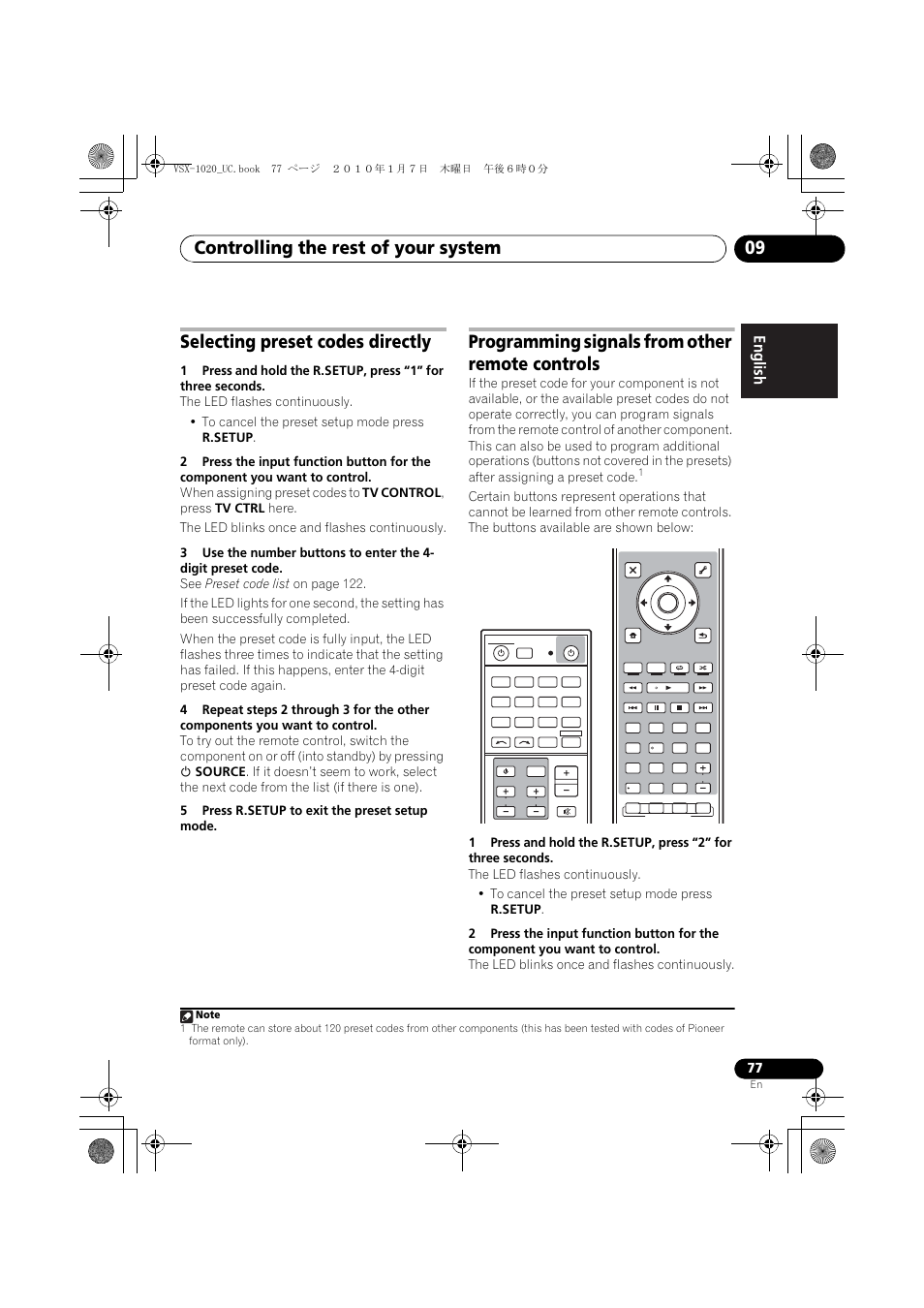 Selecting preset codes directly, 5 press r.setup to exit the preset setup mode, Programming signals from other remote controls | Controlling the rest of your system 09 | Pioneer VSX-1020 User Manual | Page 77 / 260