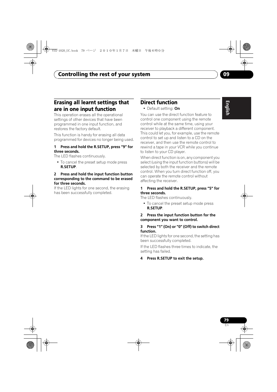 Direct function, 4 press r.setup to exit the setup, Controlling the rest of your system 09 | Pioneer VSX-1020 User Manual | Page 79 / 260