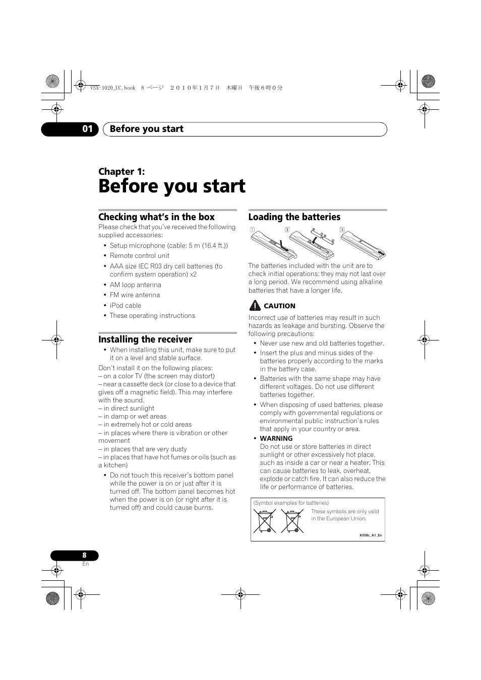 Before you start, Checking what’s in the box, Installing the receiver | Loading the batteries, Caution, Before you start 01, Chapter 1 | Pioneer VSX-1020 User Manual | Page 8 / 260