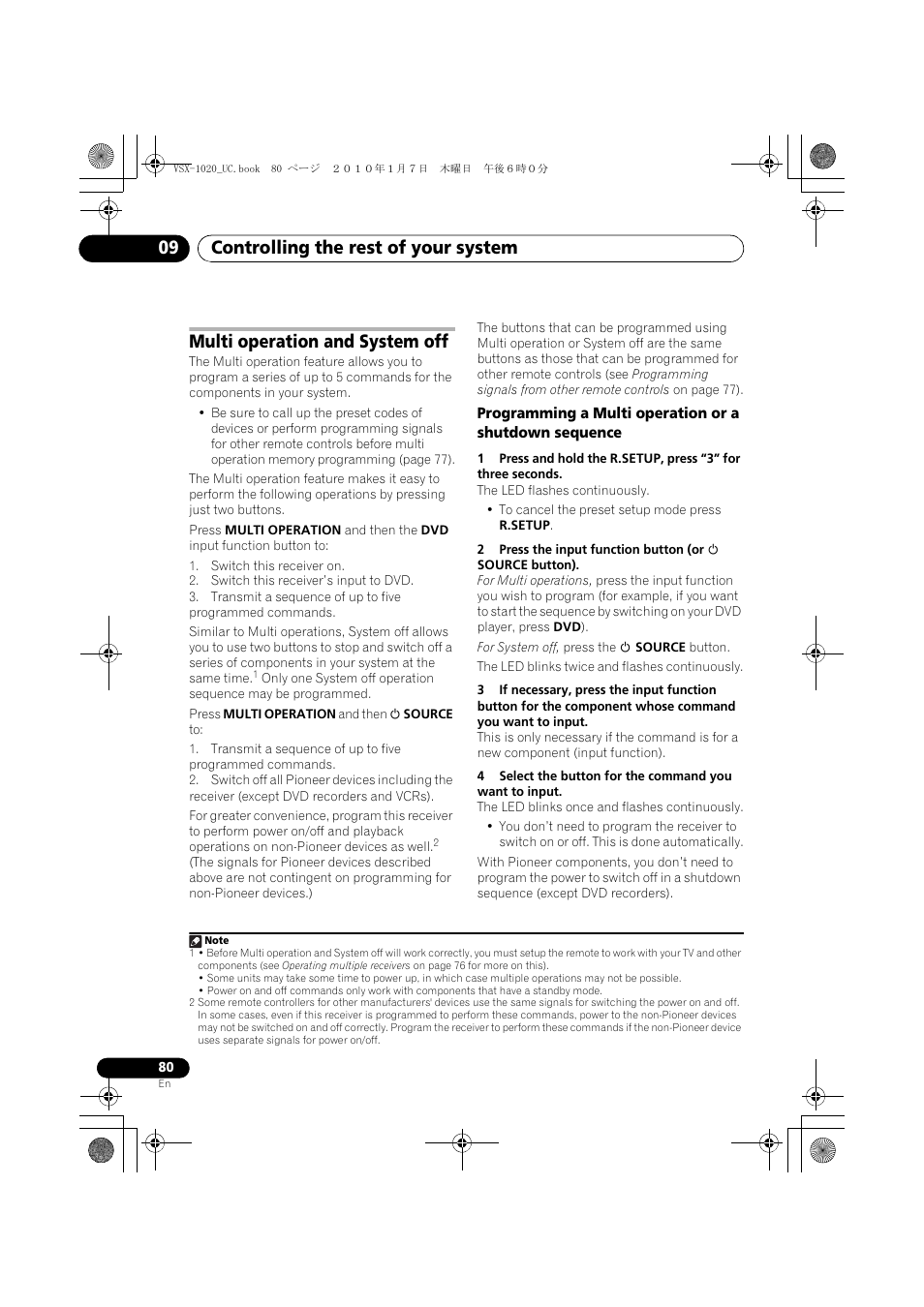 Multi operation and system off, Controlling the rest of your system 09 | Pioneer VSX-1020 User Manual | Page 80 / 260