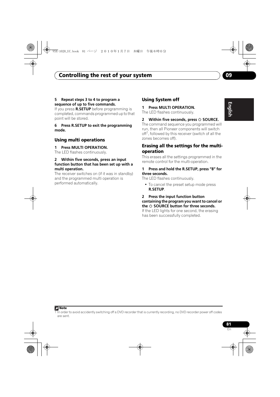 6 press r.setup to exit the programming mode, Using multi operations, 1 press multi operation | Using system off, 2 within five seconds, press u source, Erasing all the settings for the multi- operation, Controlling the rest of your system 09 | Pioneer VSX-1020 User Manual | Page 81 / 260