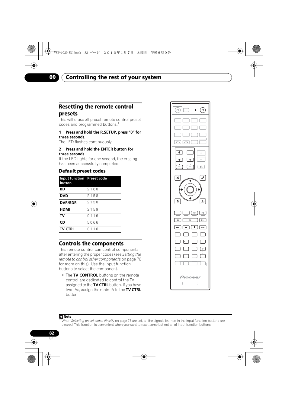 Resetting the remote control presets, Default preset codes, Dvr/bdr | Hdmi, Tv ctrl, Controls the components, Controlling the rest of your system 09 | Pioneer VSX-1020 User Manual | Page 82 / 260