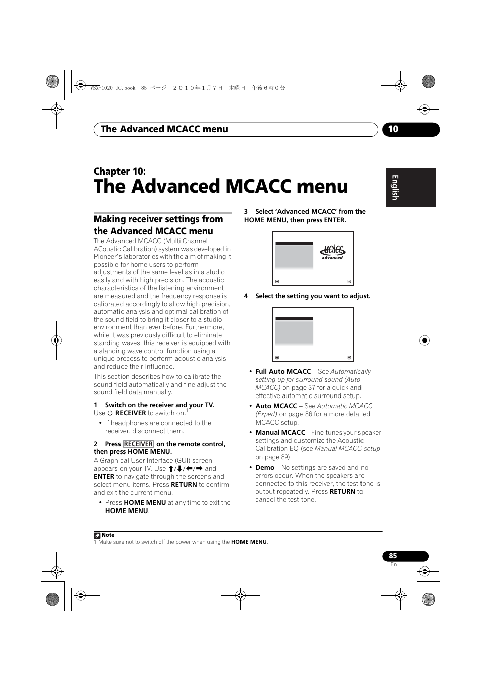 The advanced mcacc menu, 1 switch on the receiver and your tv, 4 select the setting you want to adjust | 10 the advanced mcacc menu, The advanced mcacc menu 10, Chapter 10 | Pioneer VSX-1020 User Manual | Page 85 / 260
