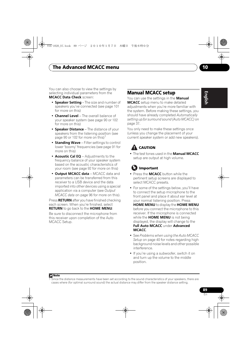 Manual mcacc setup, Caution, Important | The advanced mcacc menu 10 | Pioneer VSX-1020 User Manual | Page 89 / 260