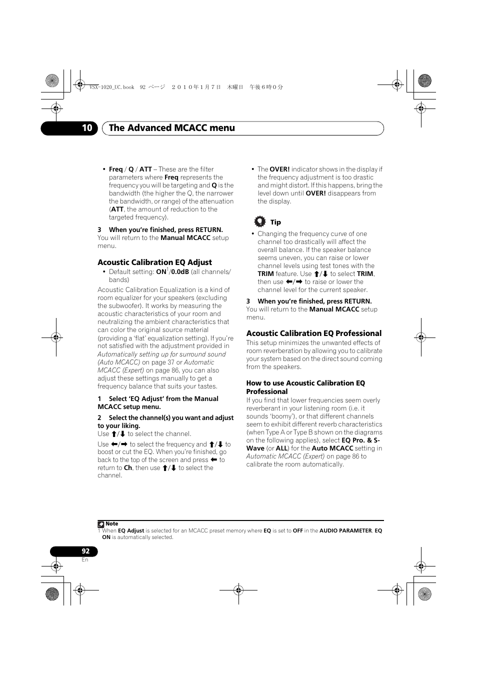 3 when you’re finished, press return, Acoustic calibration eq adjust, Acoustic calibration eq professional | How to use acoustic calibration eq professional, The advanced mcacc menu 10 | Pioneer VSX-1020 User Manual | Page 92 / 260